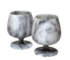 Vintage Marble Stone Wine Glass Pedestal Black White Set 2