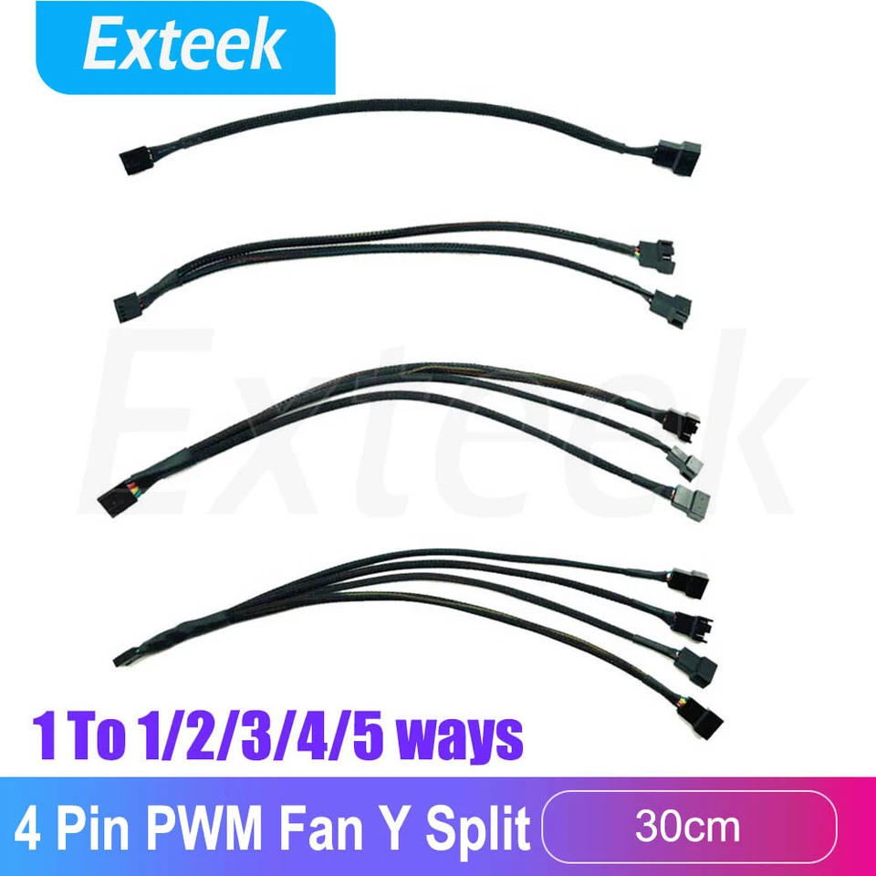 4 pin PWM Fan Cable 1 to 2/3/4/5 ways Splitter Sleeved Extension Extender Cable - image 1 of 3