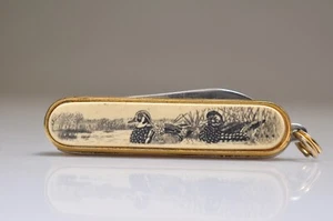 Vintage SCRIMSHAW WOOD DUCKS SCENE BARLOW KNIFE Made in USA - Picture 1 of 7