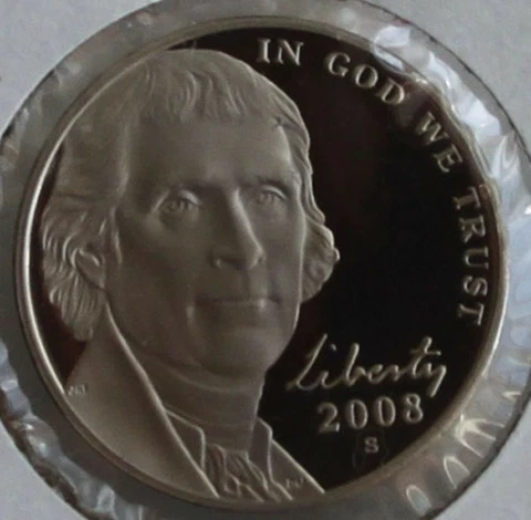 2008 S PROOF Jefferson Nickel from US Mint Proof Set 5 Cents Five-Cent Coin Cover