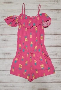 CAT & JACK GIRLS XL 14-15 PINK PINEAPPLE SHORTS COLD SHOULDER POCKET ROMPER - Picture 1 of 18