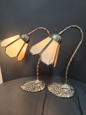 Tiffany Style Bronze Goose Neck Stained Glass Table Desk Lamp Set Of 2 Grapes - Image 1 of 4