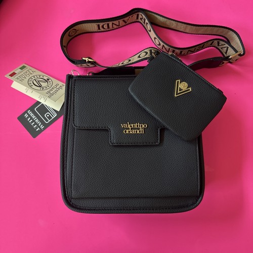 Portafoglio e tracolla Valentino Orlandi italiano nero pelle testurizzata nuovo con etichetta