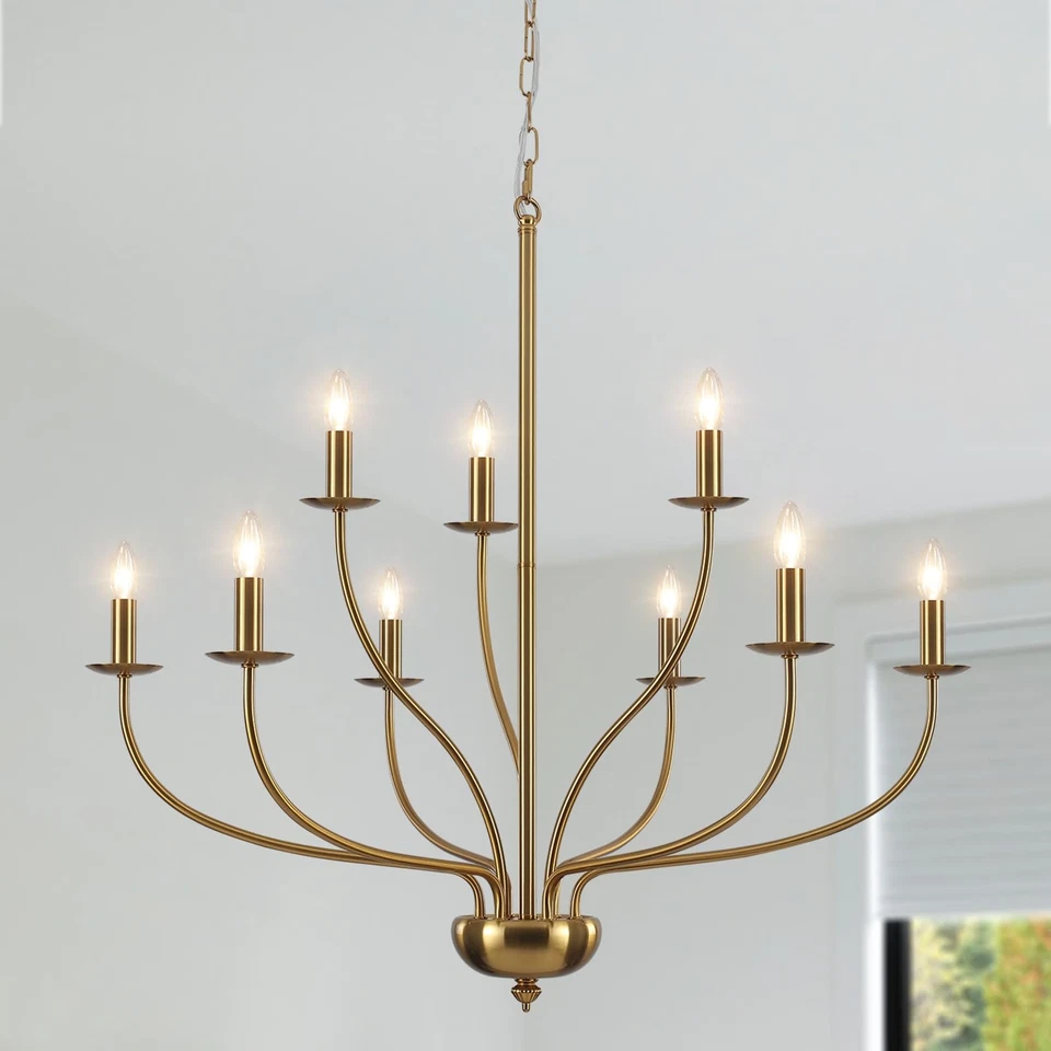 Lámpara de araña dorada Lámpara de araña de latón de 2 niveles 9 luces para comedor... Foto 1 de 4