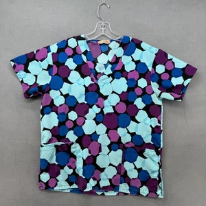 Silky Scrubs Uniform Top Womens Large Multicolor Geometric Short Sleeve Pockets - Picture 1 of 8