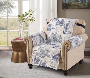 Blue Toile Quilted Chair Slipcover, 23" Seat Width, Slip Resistant Furniture ... - Picture 1 of 8