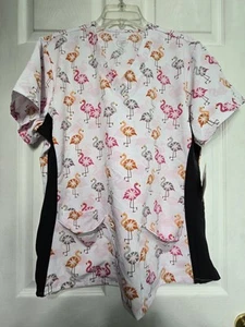 NWT-DIVINE STRETCH SCRUB TOP size XL-Pink/Black Flamingo-Chest 23.5"/L 27" - Picture 1 of 5
