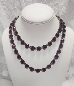 Givenchy Logo Signed Deep Red Crystal Bezel Necklace Antiqued Silver Tone C578 - Picture 1 of 14