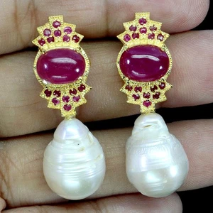 925 Sterling Silver Earrings Oval Ruby 10x8mm Pearl Natural Gemstone Jewelry - Picture 1 of 13
