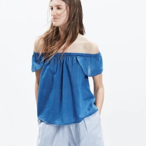MADEWELL womens size L indigo blue ruffled off shoulder cropped cotton blouse - Picture 1 of 5