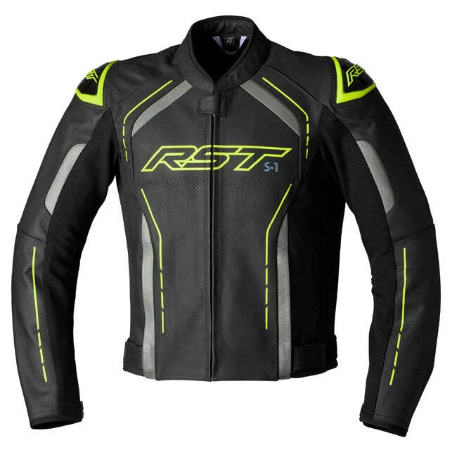 RST S1 CE Motorcycle Motorbike Leather Jacket Black / Grey / Fluo Yellow