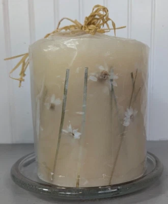 Vtg Pressed Flower Tan Pillar Candle 6x5.5 Boho Unscented Decor w/ Glass Plate - Image 1 of 4
