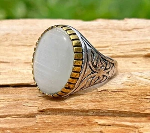 White Cat's Eye Gothic Design Gold Halo Silver Stainless-Steel Ring - Size 9.75 - Picture 1 of 7