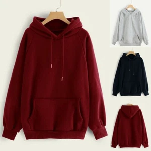 Women Casual Solid Color Hooded Pocket Long Sleeve Pullover Sweatshirt Tops Sale - Picture 1 of 20