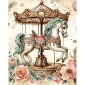 5D Diamond Painting Kits 30X40cm - Retro Carousel Horse with Flowers - Picture 1 of 4
