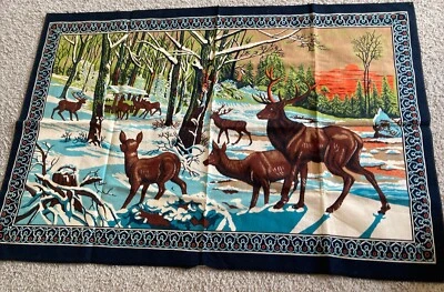 Vintage Winter Deer Snow Orange Sunrise Trees Wall Hanging Tapestry - Image 1 of 4