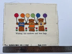 Vtg 1987 Bear Balloons Yarn Flowers Crewel Embroidered Wall Art Linen Panel OOAK - Picture 1 of 5