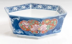Asian Cobalt Blue Exterior Rice Bowl Pink Lotus Flowers Hexagon White Interior - Picture 1 of 5