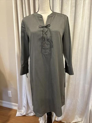Theory Womens Lace Up V-Neck 3/4 Sleeve Mini Shift Dress Muted Green Size 4 - Image 1 of 4