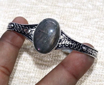 Браслет ручной работы с огромным огненным лабрадоритом покрытием из серебра 925 пробы 6,5 дюйма GW - Изображение 1 из 3