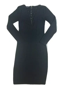 Vestido BEBE Talla Pequeña Tejido Negro Media Pantorrilla Con Cordones Delanteros Nuevo sin Etiquetas - Imagen 1 de 6