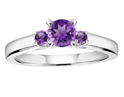 925 Sterling Silver 0.62 Ctw Natural Amethyst Three Stone Band Ring Wedding Gift - Image 1 of 4