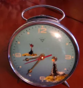 RARE VINTAGE CHINA DIAMOND SHANGHAI ANIMATED MECHANICAL ALARM CLOCK SEAL WORKING - Picture 1 of 4