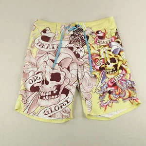 Ed Hardy Swim Trunks Mens 38 Yellow Bathing Suit Board Shorts Skull AOP Swimming - Picture 1 of 13