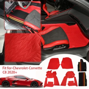 Red Full Floor Mats Black Carpet Liners Waterproof for Corvette C8 2020-2024 New - Picture 1 of 17