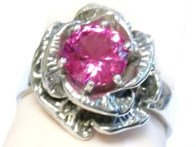 Anel de safira rosa tamanho 5 prata esterlina 925 estilo vintage flor feito nos EUA - Imagem 1 de 4