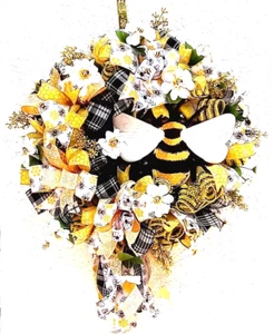 Spring Summer Wreath Bumble Bee Wreath For Front Door Bee Floral Wreath Decomesh - Picture 1 of 16