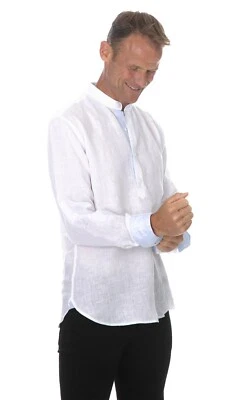 Ugholin Camicia Uomo in Lino Collo alla Coreana a Maniche Lunghe Bianca - Immagine 1 di 4