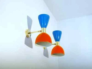 Mid Century Brass Italian Diabolo Wall Sconce Light Fixture 2 Bulb Pair - Picture 1 of 11