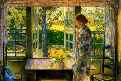 LA VENTANA PEZ DORADO MUJER PECERA PINTURA IMPRESIONISTA DE CHILDE HASSAM REPRO  Foto 1 de 3