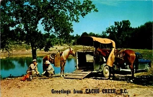Greetings from Cache Creek British Columbia Canada Postcard Horses Campfire - Picture 1 of 2