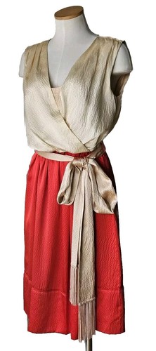 Abito Tory Burch taglia 6 Darya colorblock seta A Line oro rosso frange fascia cintura