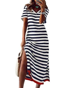 Women 2024 Casual Maxi Dress V Neck Short Sleeve Stripe Sundress Split Loose ... - Picture 1 of 5