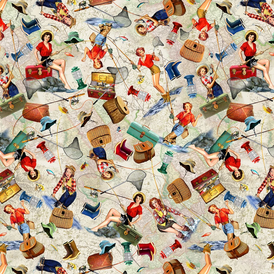 Girls Gone Fishing Fabric | Pin-Up Women Allover Map | Michael Miller YARD - Image 1 of 1
