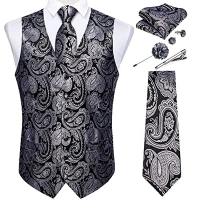  Mens Vest and Tie Set Formal Paisley X-Large Black and Silver Paisley - Image 1 of 4