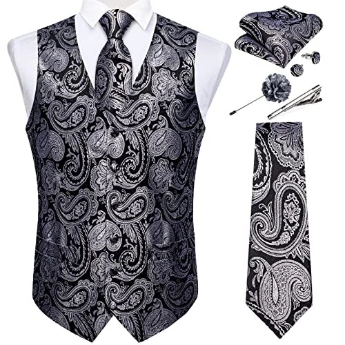  Mens Vest and Tie Set Formal Paisley X-Large Black and Silver Paisley - Image 1 of 4