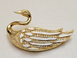 VINTAGE SWAN BROOCH-RHINESTONES & ENAMEL-UNSIGNED OLEG CASSINI 1964-BEAUTY - Picture 1 of 9