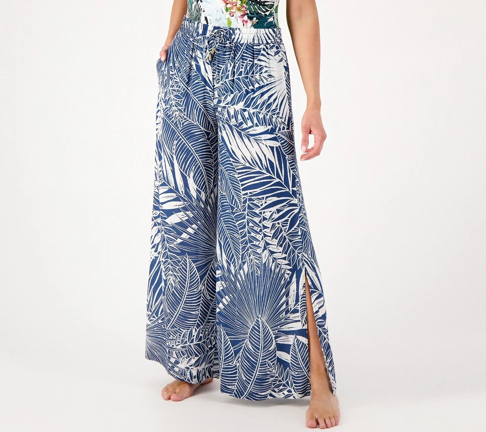Jantzen Regular Wide Leg Printed Pull-On Woven Cover-Up Pants Marine Leaf 3X New - Image 1 of 1