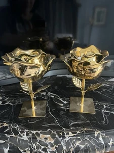 Gold Plate Rose Candlesticks Pair- New - Picture 1 of 9