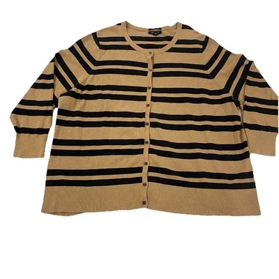 Cárdigan Suéter LANDS END 3X 24-26W Calibre Fino Supima Algodón Marrón Rayas Negras Foto 1 de 4
