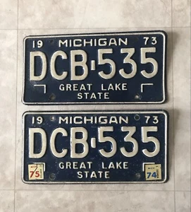 Paar 1973 Michigan Nummernschilder DCB-535 Garage Wandkunst Männerhöhle Taverne - Bild 1 von 2