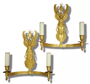 LARGE PAIR OF SCONCES, CARYATID DECOR, EMPIRE STYLE - BRONZE - FRENCH ANTIQUE - Picture 1 of 8