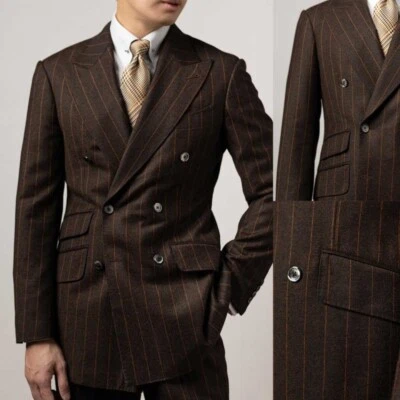 Hombres Marrón Doble Pecho Traje Rayas Pico Solapa Chaqueta Negocios Simple Foto 1 de 4