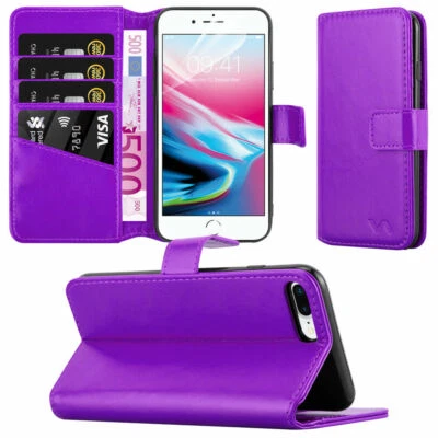 For iPhone 8 Plus Phone Case Leather Wallet Flip Folio Stand Purple Cover - Image 1 of 4