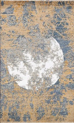 Nature Print Abstract Wool/ Silk Modern Hand-knotted Moon Design Area Rug 4x7 - Image 1 of 4