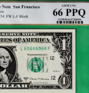 $1 Federal Reserve Banknote BINARY FLIPPER Serial Numbers 60666066 PCGS 66 - Picture 1 of 3